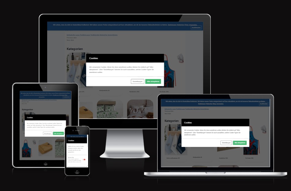 Responsywna strona internetowa wyświetlana na laptopie, tablecie i smartfonie, z wyskakującym okienkiem informującym o plikach cookies w języku niemieckim.