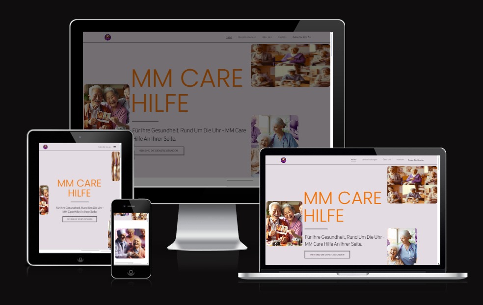 Responsywny układ strony internetowej MM Care Hilfe wyświetlany na monitorze, laptopie, tablecie i smartfonie na czarnym tle.
