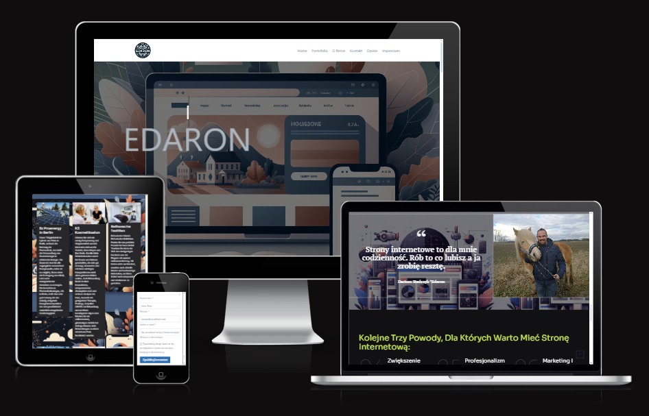 Prezentacja responsywnej strony internetowej na monitorze, laptopie, tablecie i smartfonie, z różnymi układami i treściami, na czarnym tle.