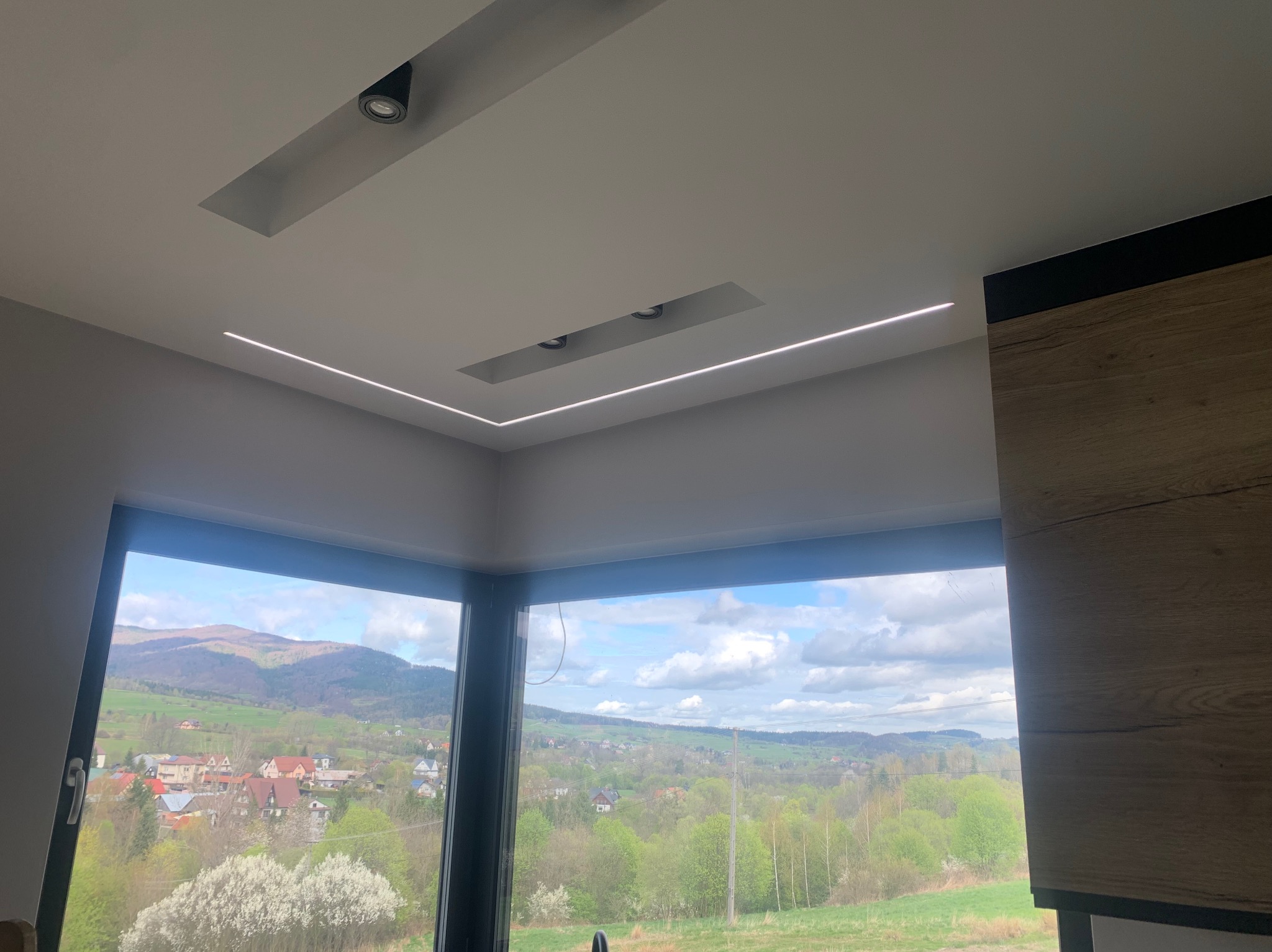 Nowoczesne oświetlenie sufitowe z liniowymi lampami LED i reflektorami punktowymi w minimalistycznym wnętrzu z widokiem na malowniczy krajobraz.