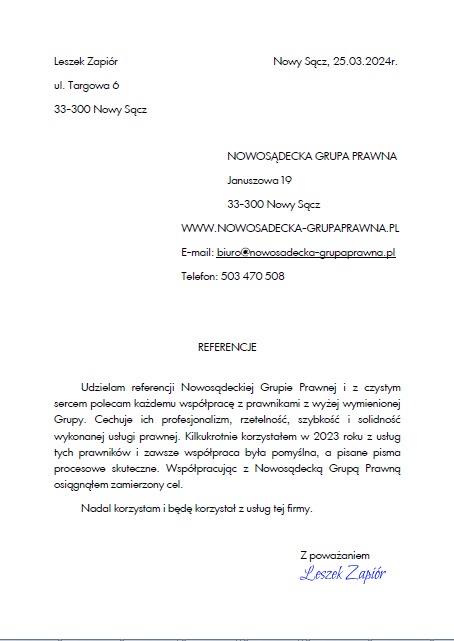 Skan dokumentu referencyjnego dla Nowosądeckiej Grupy Prawnej, z datą 25.03.2024, zawierający adres firmy, adres strony internetowej, adres e-mail, numer telefonu oraz treść rekomendacji od Leszka...