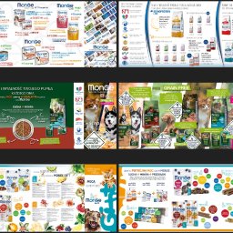 Morilo Creative - Kompilacja plakatów i ulotek reklamowych karmy dla psów i kotów marki Monge, prezentujących różne linie produktowe, smaki i korzyści dla zwierząt, z uwzględnieniem zarówno suchej, jak i mokrej...