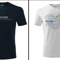 Morilo Creative - Dwa t-shirty: granatowy z logo 'Monge NATURAL SUPERPREMIUM' i biały z nadrukiem w kształcie serca, zawierającym teksty w różnych językach, w tym 'Monge per l'amore di'.