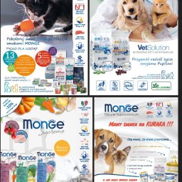 Morilo Creative - Kompozycja reklamowa karmy dla zwierząt Monge, prezentująca różne warianty smakowe i linie produktowe dla kotów i psów, w tym karmy weterynaryjne i karmy naturalne, z uwzględnieniem składników...