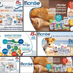 Morilo Creative - Zestawienie reklamowe karmy Monge dla psów i kotów: sucha, mokra, przekąski, z różnymi smakami i dla różnych potrzeb, prezentowane z wizerunkami psów i kotów.