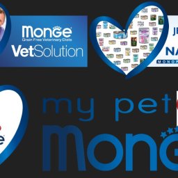 Morilo Creative - Grafika reklamowa karmy dla zwierząt Monge, prezentująca lekarza weterynarii z psem, puszkami karmy w kształcie serca oraz logo marki.