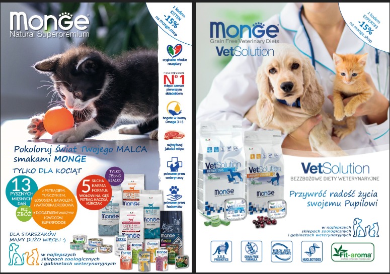Reklama karmy dla zwierząt Monge: po lewej stronie kociak bawi się pomarańczową piłką, obok karma dla kotów, po prawej stronie szczeniak i kociak trzymane przez osobę w fartuchu lekarskim, obok...
