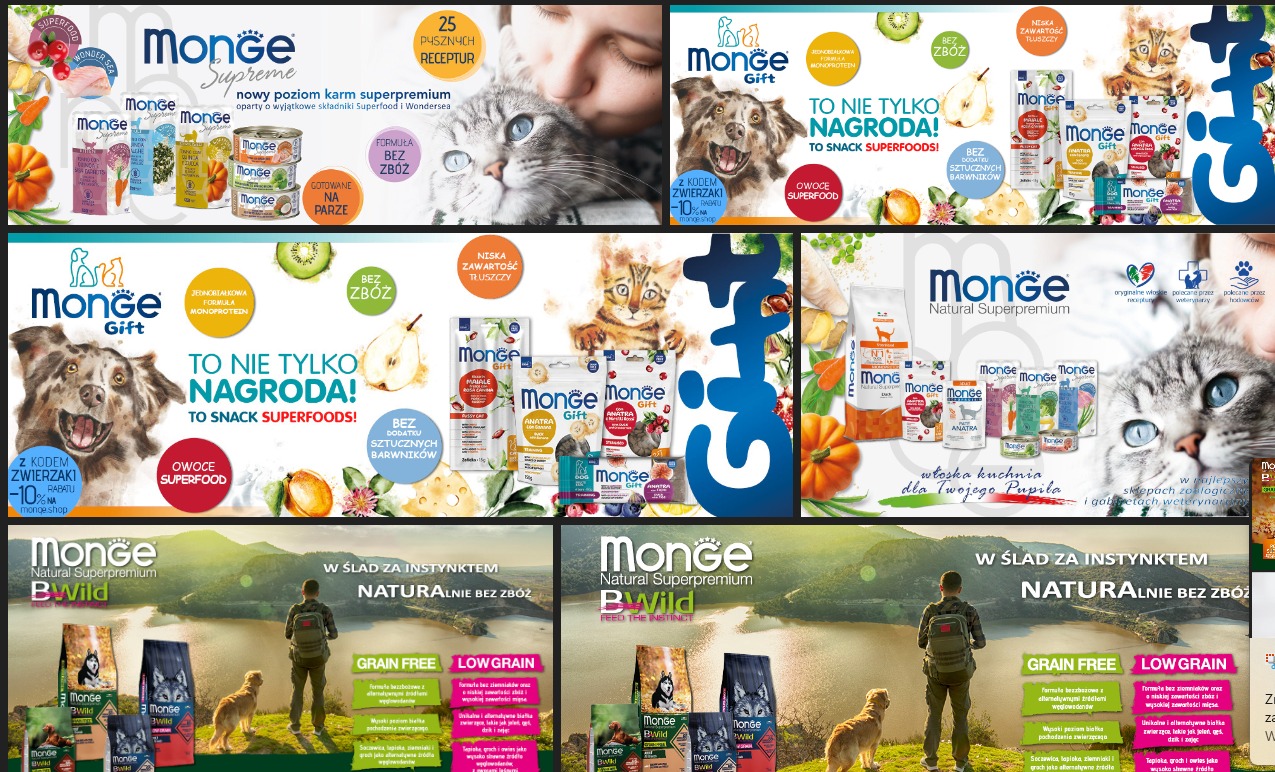 Kompozycja reklamowa karmy dla zwierząt Monge, prezentująca różne linie produktowe dla psów i kotów, z uwzględnieniem składników superfood i braku zbóż, z hasłami reklamowymi i wizerunkami zwierząt.