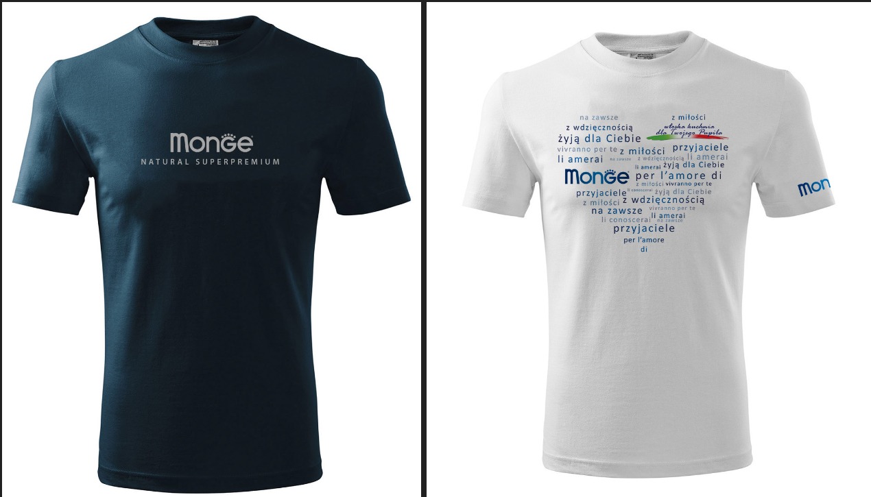 Dwa t-shirty: granatowy z logo 'Monge NATURAL SUPERPREMIUM' i biały z nadrukiem w kształcie serca, zawierającym teksty w różnych językach, w tym 'Monge per l'amore di'.