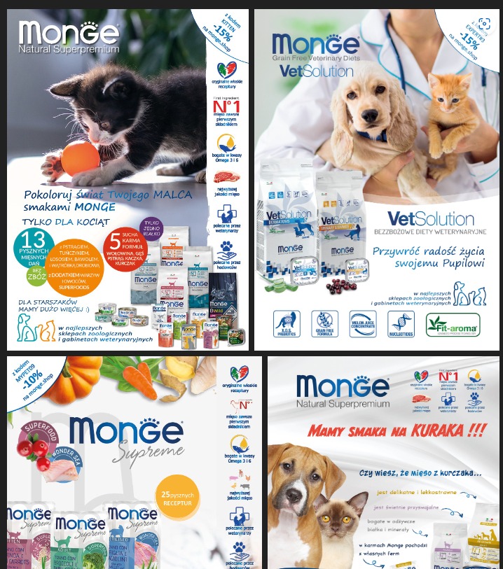 Kolaż reklamowy karmy dla zwierząt Monge, prezentujący kocięta i szczenięta z różnymi wariantami karmy, z informacjami o składnikach i korzyściach dla zdrowia zwierząt.