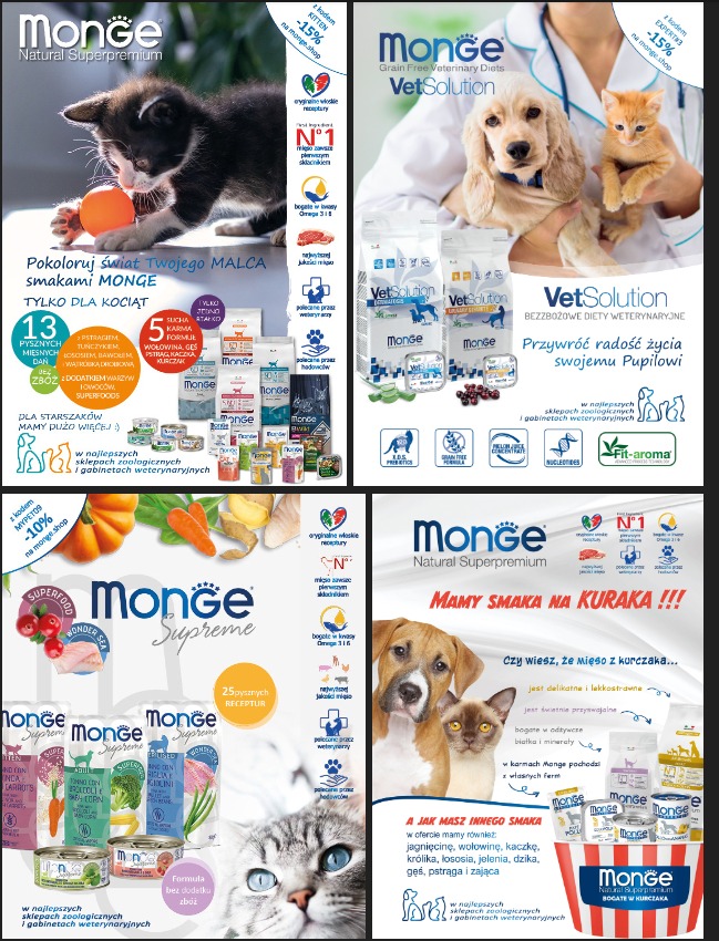 Kompozycja reklamowa karmy dla zwierząt Monge, prezentująca różne warianty smakowe i linie produktowe dla kotów i psów, w tym karmy weterynaryjne i karmy naturalne, z uwzględnieniem składników...