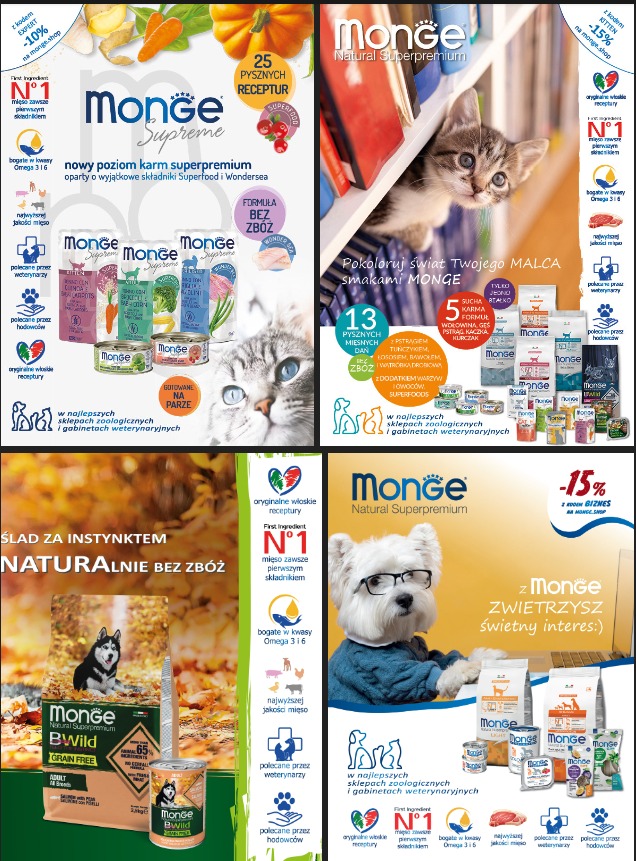 Kompozycja reklamowa karmy dla zwierząt Monge, prezentująca różnorodne produkty i ich zalety, w tym formułę bez zbóż i naturalne składniki, z wizerunkami psów i kotów.