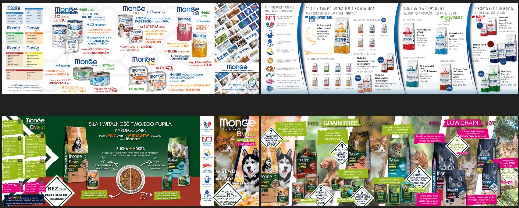 Zestawienie grafik i informacji o karmach dla psów i kotów marki Monge, prezentujące różne linie produktowe, w tym karmy suche, mokre i bezzbożowe, z uwzględnieniem składu i korzyści dla zwierząt.