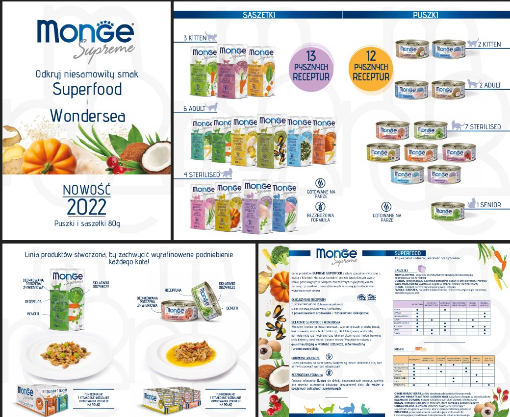 Katalog produktów dla kotów Monge Supreme, prezentujący saszetki i puszki z różnymi smakami i recepturami, z uwzględnieniem wieku i potrzeb kota, takich jak kitten, adult i sterilised,...