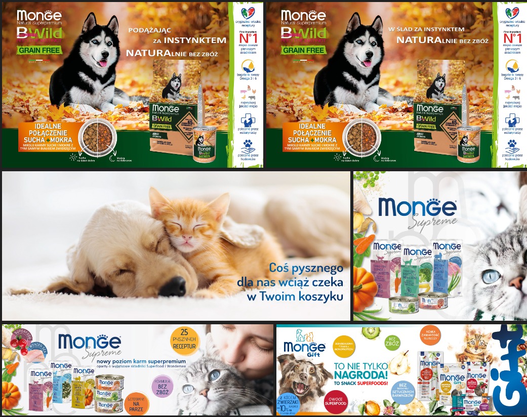 Kolaż reklamowy karmy dla zwierząt Monge z hasłami 'Naturalnie bez zbóż' i 'To nie tylko nagroda! To snack superfoods!' prezentujący psy, koty i opakowania produktów.