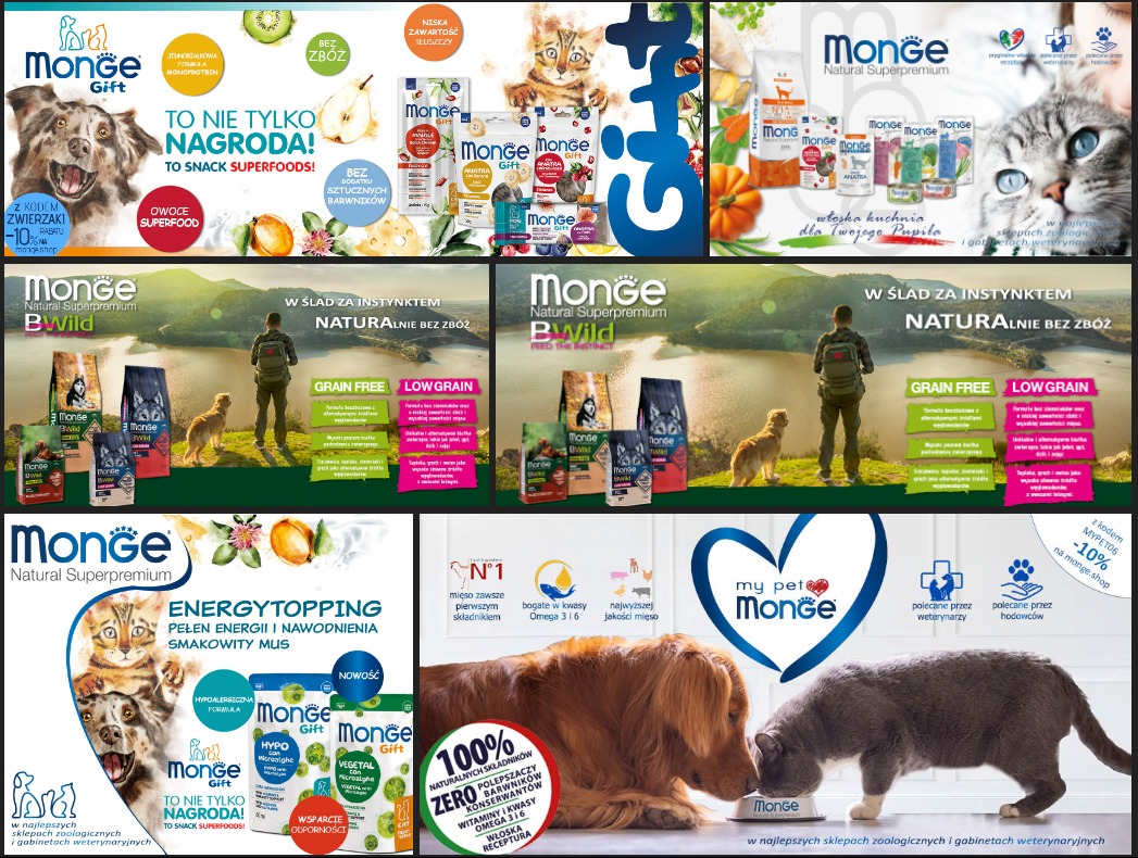 Kompozycja reklamowa karmy dla zwierząt Monge, prezentująca różne linie produktów dla psów i kotów, z hasłami o naturalnych składnikach i korzyściach zdrowotnych.