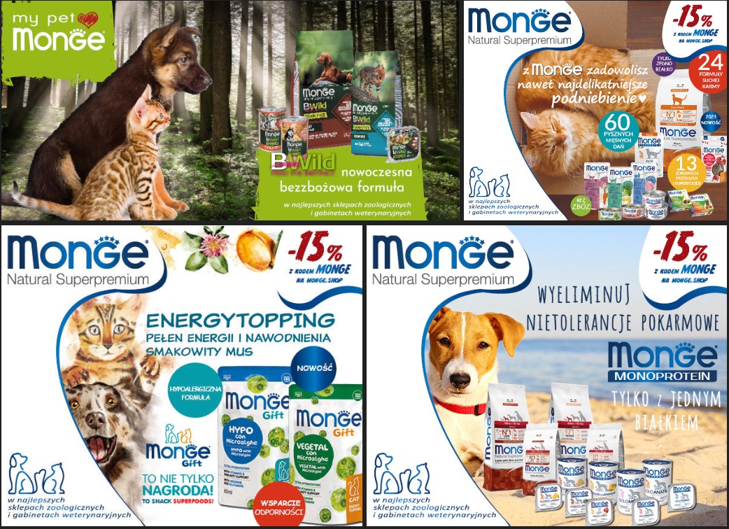 Kompozycja reklamowa karmy dla psów i kotów marki Monge, prezentująca różne linie produktowe, w tym karmy suche, mokre i przekąski, z wizerunkami psów i kotów oraz informacjami o korzyściach...