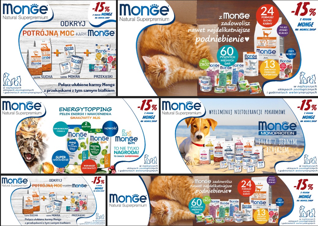 Zestawienie reklamowe karmy Monge dla psów i kotów: sucha, mokra, przekąski, z różnymi smakami i dla różnych potrzeb, prezentowane z wizerunkami psów i kotów.