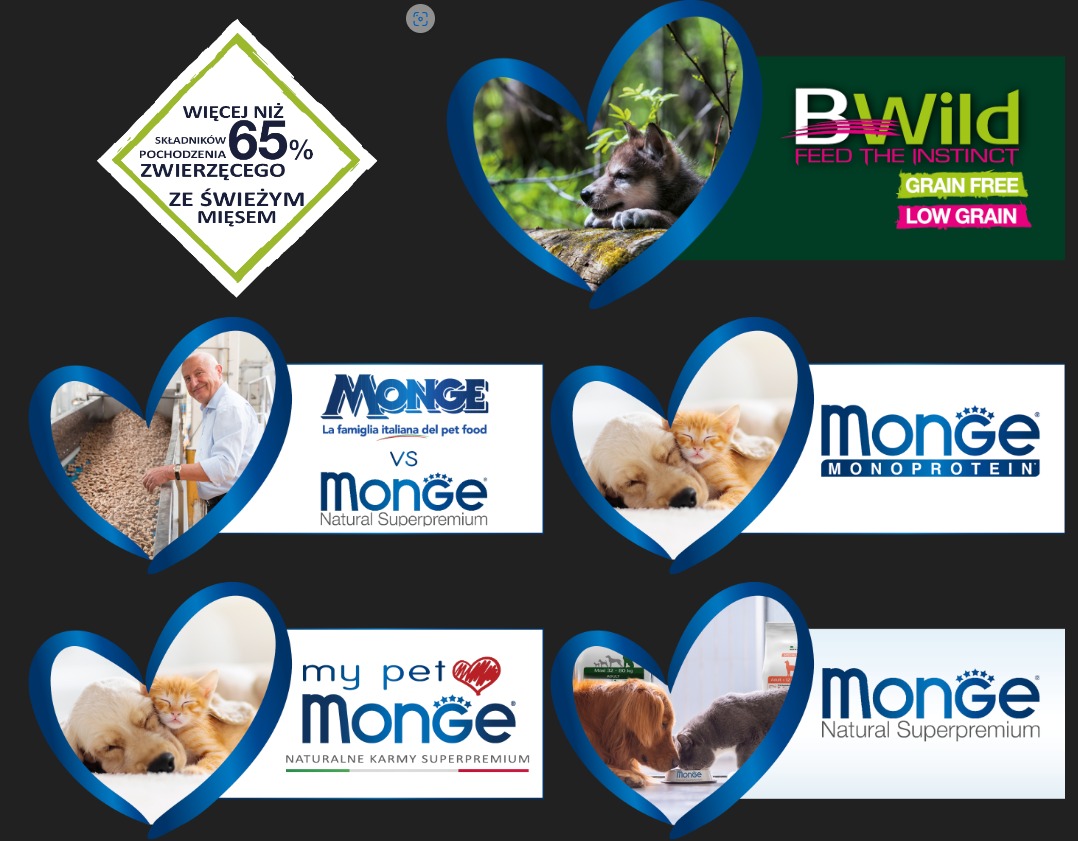 Kompozycja reklamowa karm dla zwierząt, prezentująca logo i hasła marek Monge i BWild, z wizerunkami psów, kotów i składników karmy, wszystko wkomponowane w kształt serc.