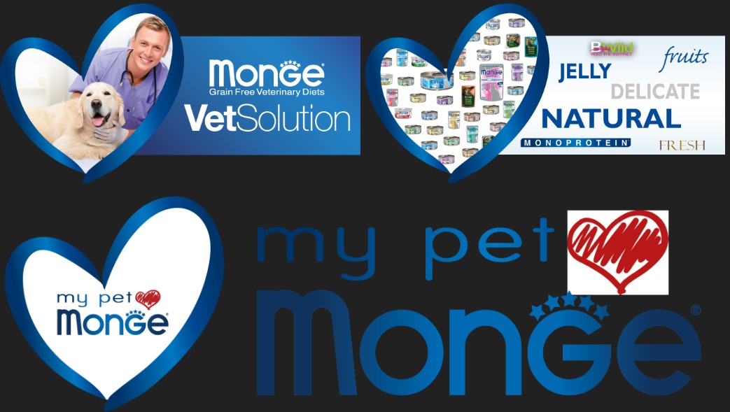 Grafika reklamowa karmy dla zwierząt Monge, prezentująca lekarza weterynarii z psem, puszkami karmy w kształcie serca oraz logo marki.