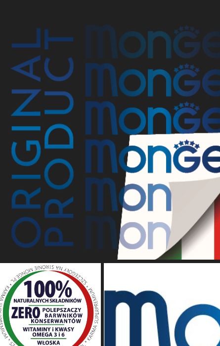 Grafika reklamowa karmy dla zwierząt Monge z hasłami 'Original Product', '100% naturalnych składników', 'Zero barwników i konserwantów', zawierająca logo i elementy flagi Włoch.