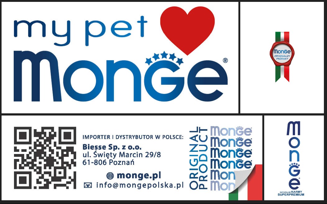 Kompilacja logo i informacji o firmie Monge, producencie karmy dla zwierząt, zawierająca adres, kod QR, znak oryginalności i slogan 'Naturalne karmy superpremium'.