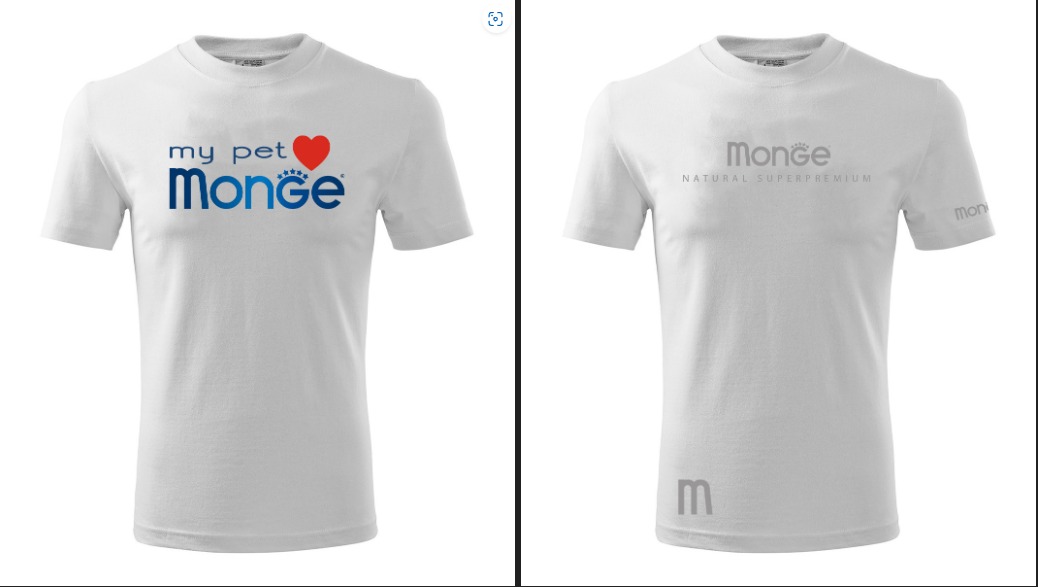 Dwa białe t-shirty z nadrukami: jeden z niebieskim logo 'my pet Monge' i czerwoną łapą w kształcie serca, drugi z szarym napisem 'Monge NATURAL SUPERPREMIUM' i małą literą 'm' u dołu.