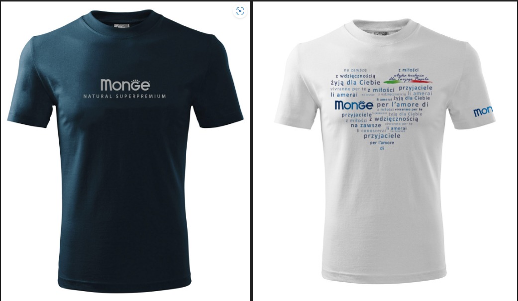 Dwa t-shirty: granatowy z logo 'Monge Natural Superpremium' i biały z tekstem w kształcie serca, prezentujące różne wzory nadruków.