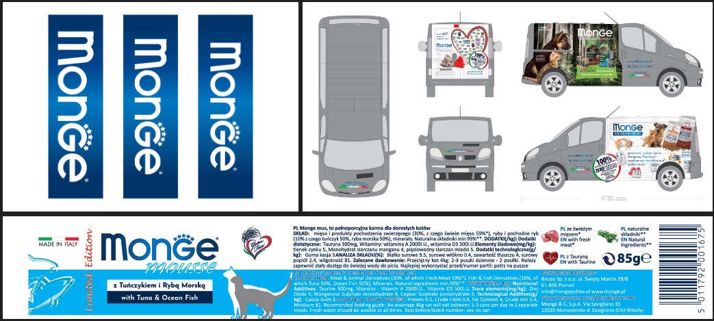 Projekt oklejenia samochodu dostawczego z grafiką reklamową karmy dla zwierząt Monge, widok z różnych perspektyw, w tym logo marki i informacje o produkcie.