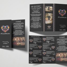 Direct Message sp. z o.o. - Trójdzielna ulotka DL z grafiką kawy Folkcoffee, prezentująca mieszanki i single origin z różnych regionów świata, z łowickimi motywami i opisami smakowymi.