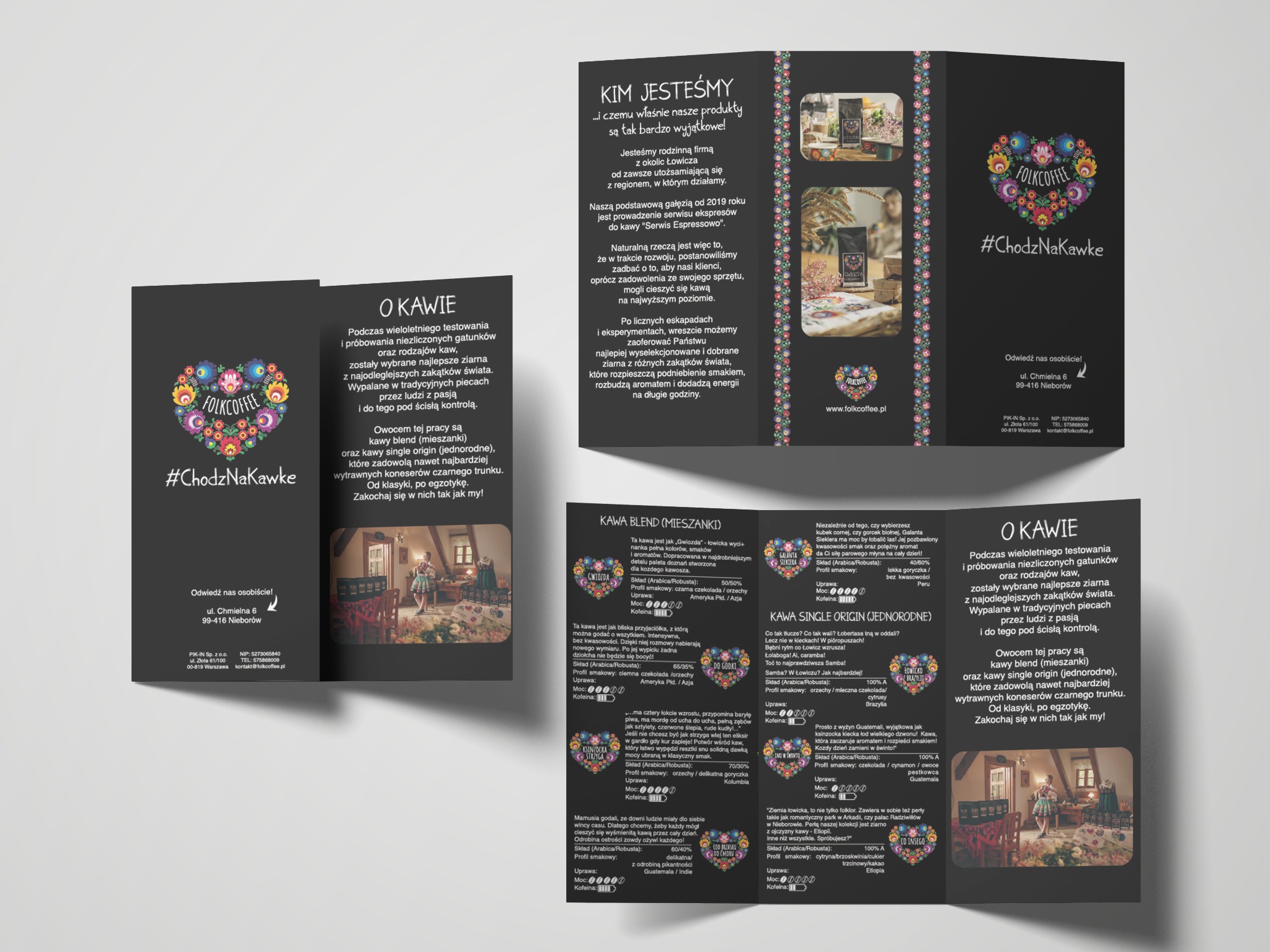 Trójdzielna ulotka DL z grafiką kawy Folkcoffee, prezentująca mieszanki i single origin z różnych regionów świata, z łowickimi motywami i opisami smakowymi.