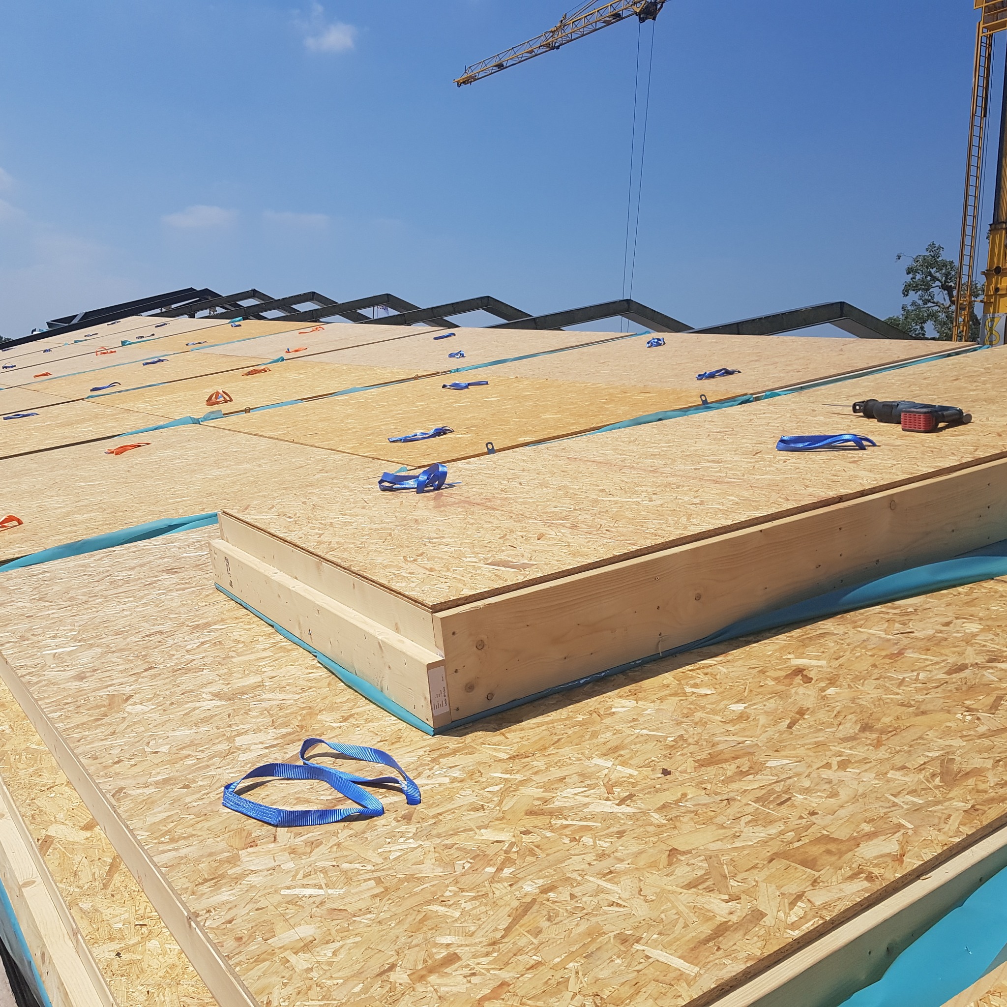 Płyty OSB układane na dachu budynku w trakcie budowy, zabezpieczone niebieskimi pasami transportowymi, widoczny dźwig w tle.