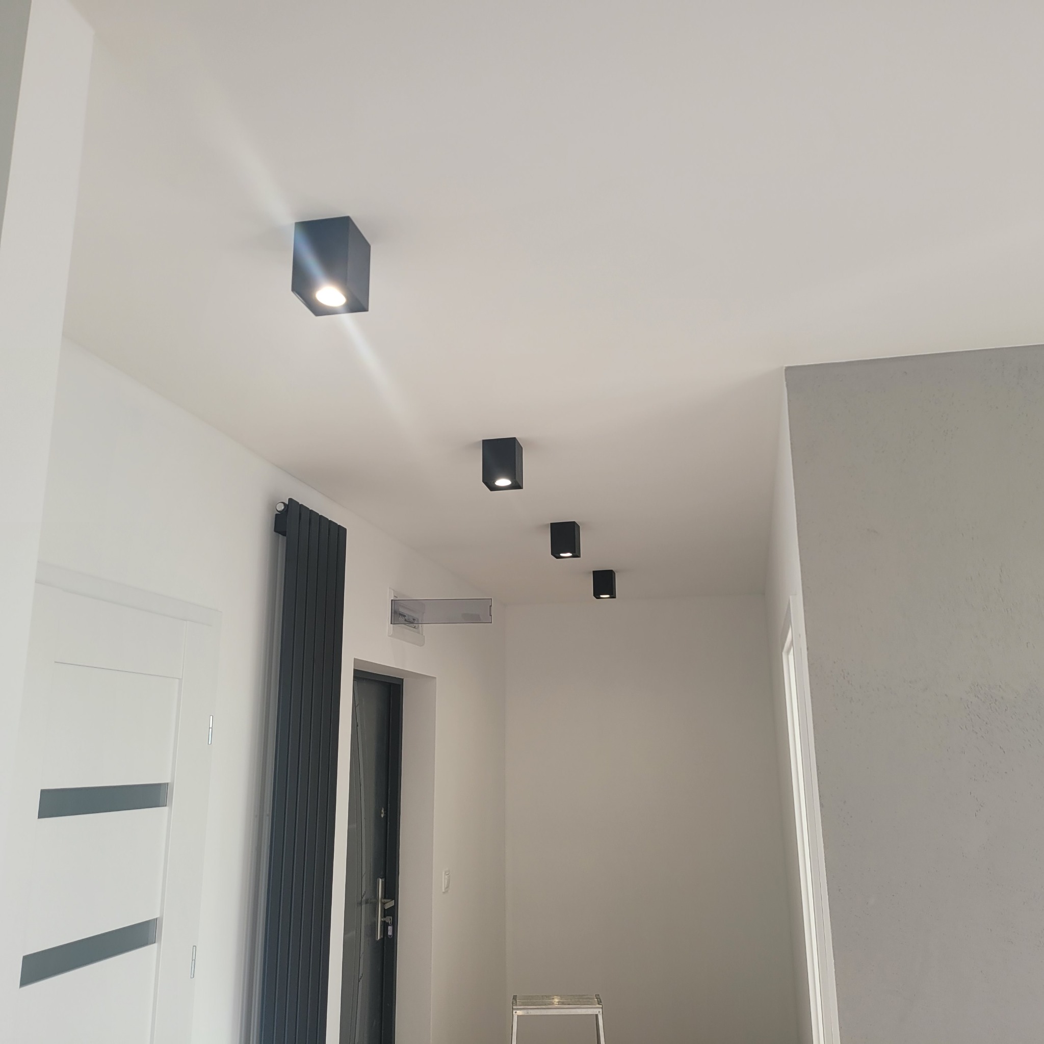 Nowoczesne oświetlenie sufitowe z czarnymi, kwadratowymi lampami punktowymi w białym korytarzu. Widoczny grzejnik panelowy w kolorze antracytowym i fragment drzwi.