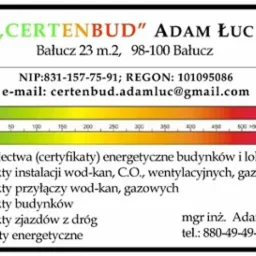 Wizytówka firmy Certenbud Adam Łuc z adresem, numerem NIP, REGON, adresem e-mail, zakresem usług (świadectwa energetyczne, projekty instalacji, projekty budynków, audyty energetyczne) oraz wykresem...
