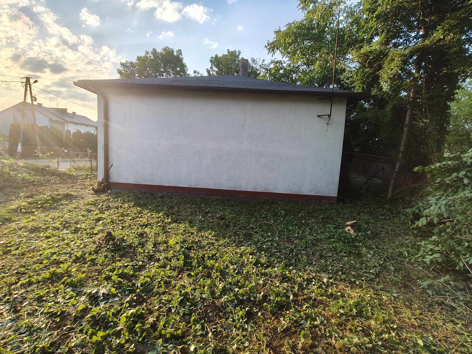 Trawa pokryta drobnymi gałązkami i liśćmi po pracach ogrodowych, widoczny fragment budynku w tle, pień po wyciętym drzewie.