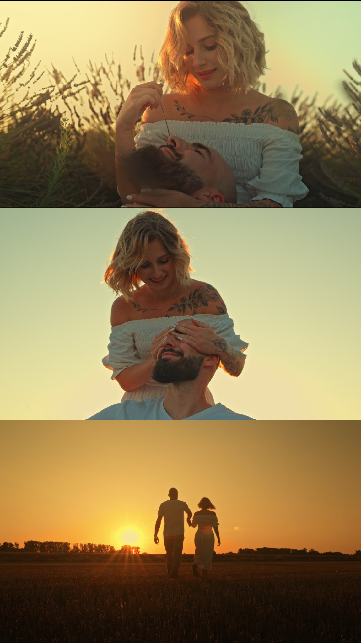 Kolaż z trzech ujęć pary: kobieta z kwiatem nad mężczyzną, zakrywająca mu oczy, oraz sylwetki pary spacerującej o zachodzie słońca na polu.