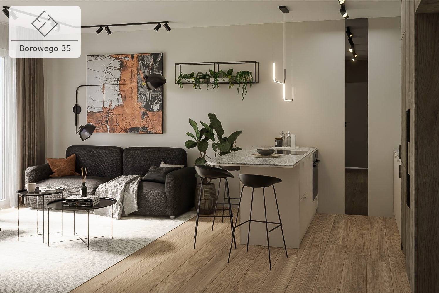 Nowoczesne wnętrze mieszkania z aneksem kuchennym, szarą sofą, drewnianą podłogą i czarnymi hokerami przy wyspie kuchennej z blatem imitującym marmur.