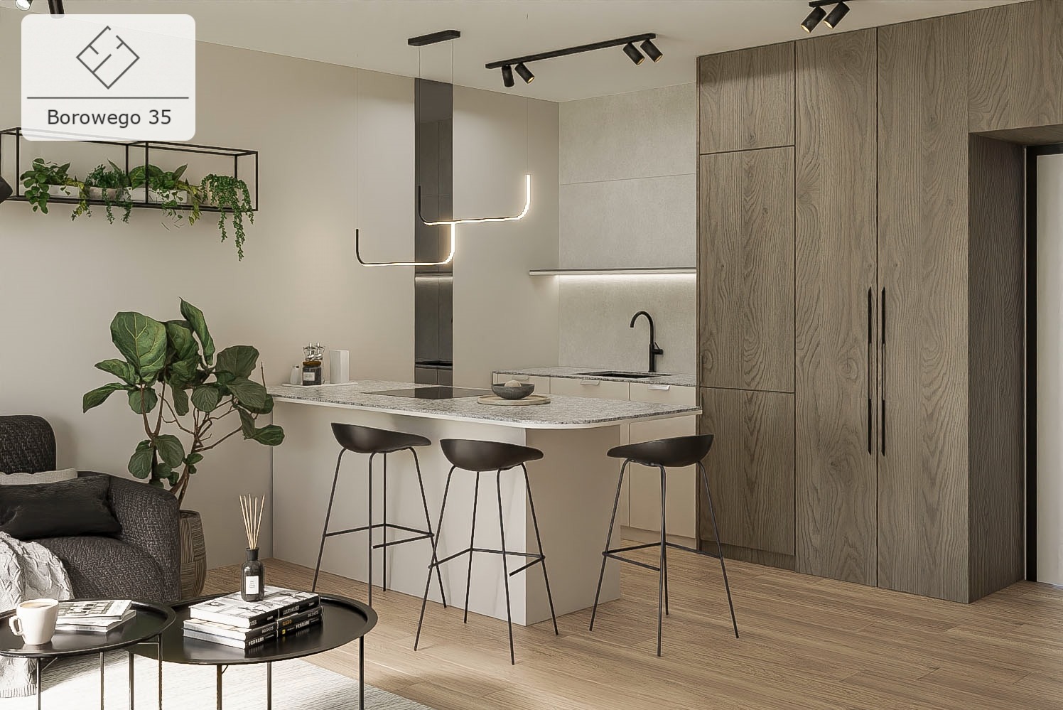 Nowoczesna aranżacja kuchni z wyspą, czarnymi hokerami, drewnianą zabudową i minimalistycznym oświetleniem, widok z salonu z rośliną doniczkową.