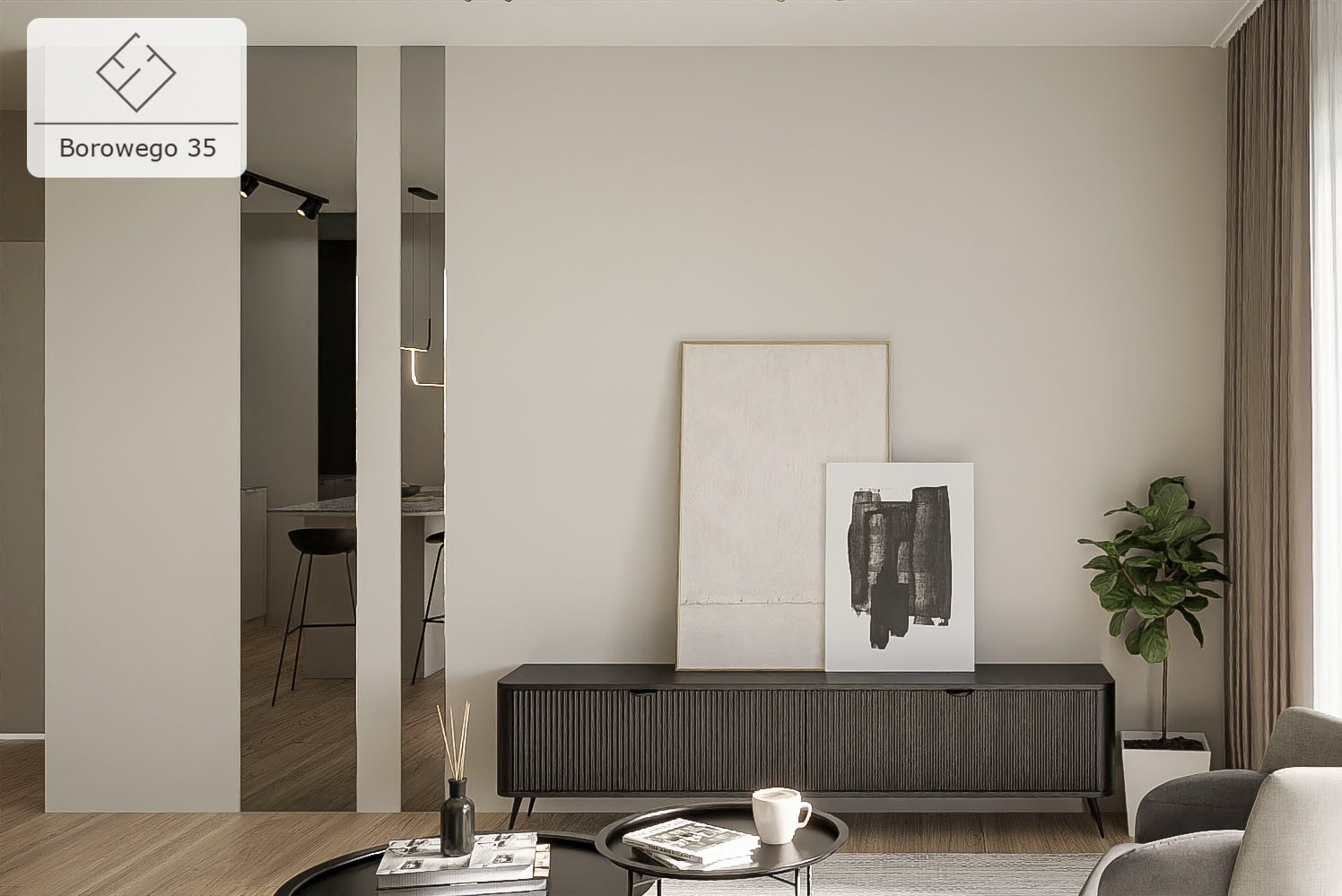 Minimalistyczny salon z beżowymi ścianami, ciemną szafką RTV z dekoracjami, okrągłym stolikiem kawowym z książkami i filiżanką, oraz rośliną doniczkową w białej osłonce.