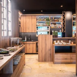 Nowoczesna aranżacja wnętrza restauracji z drewnianymi meblami, bufetem śniadaniowym i podświetlanym barem z alkoholem.