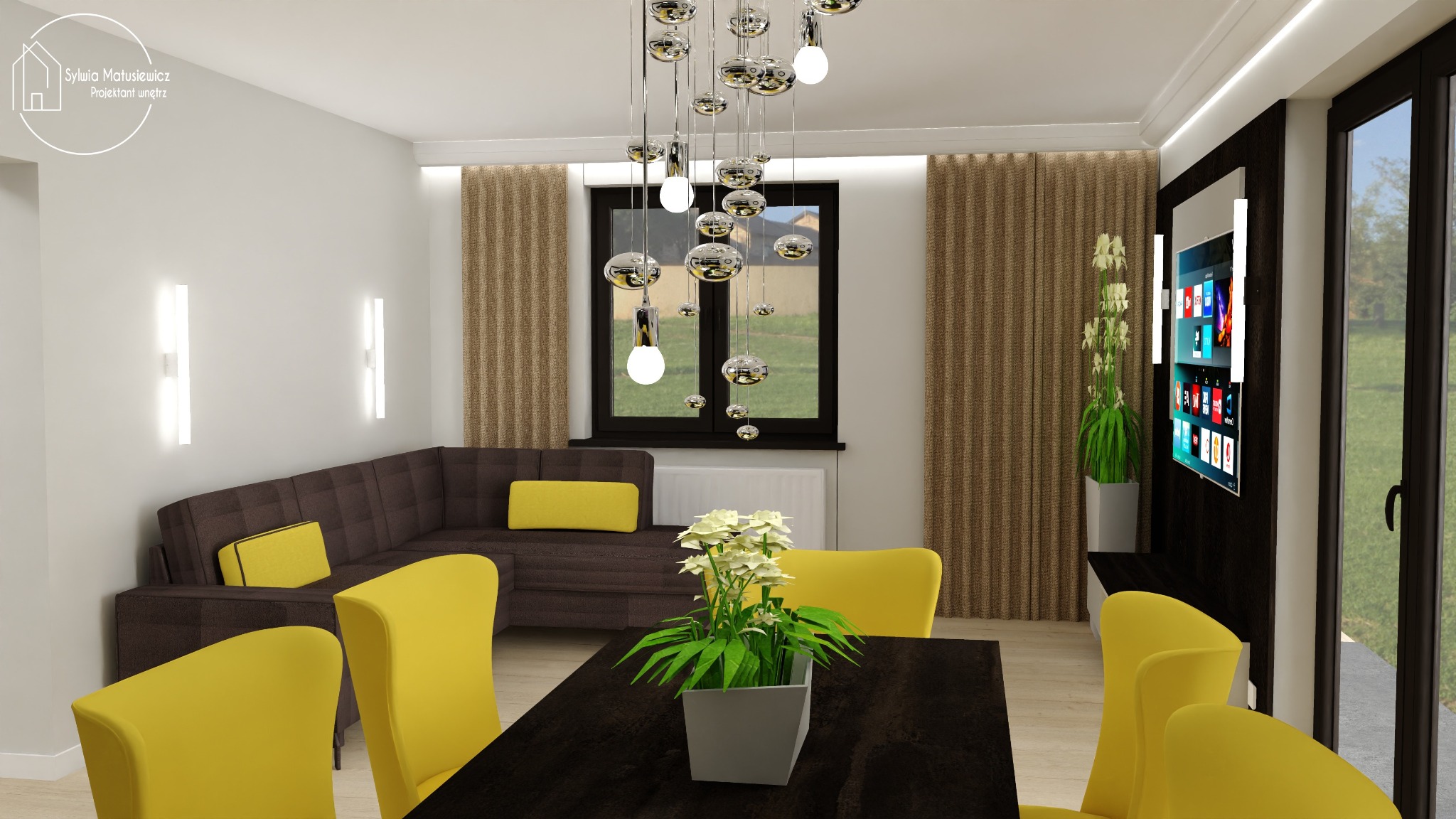 Wizualizacja salonu z brązową sofą narożną z żółtymi poduszkami, żółtymi krzesłami przy ciemnym stole, nowoczesną lampą wiszącą z kulistymi kloszami i telewizorem na ścianie.