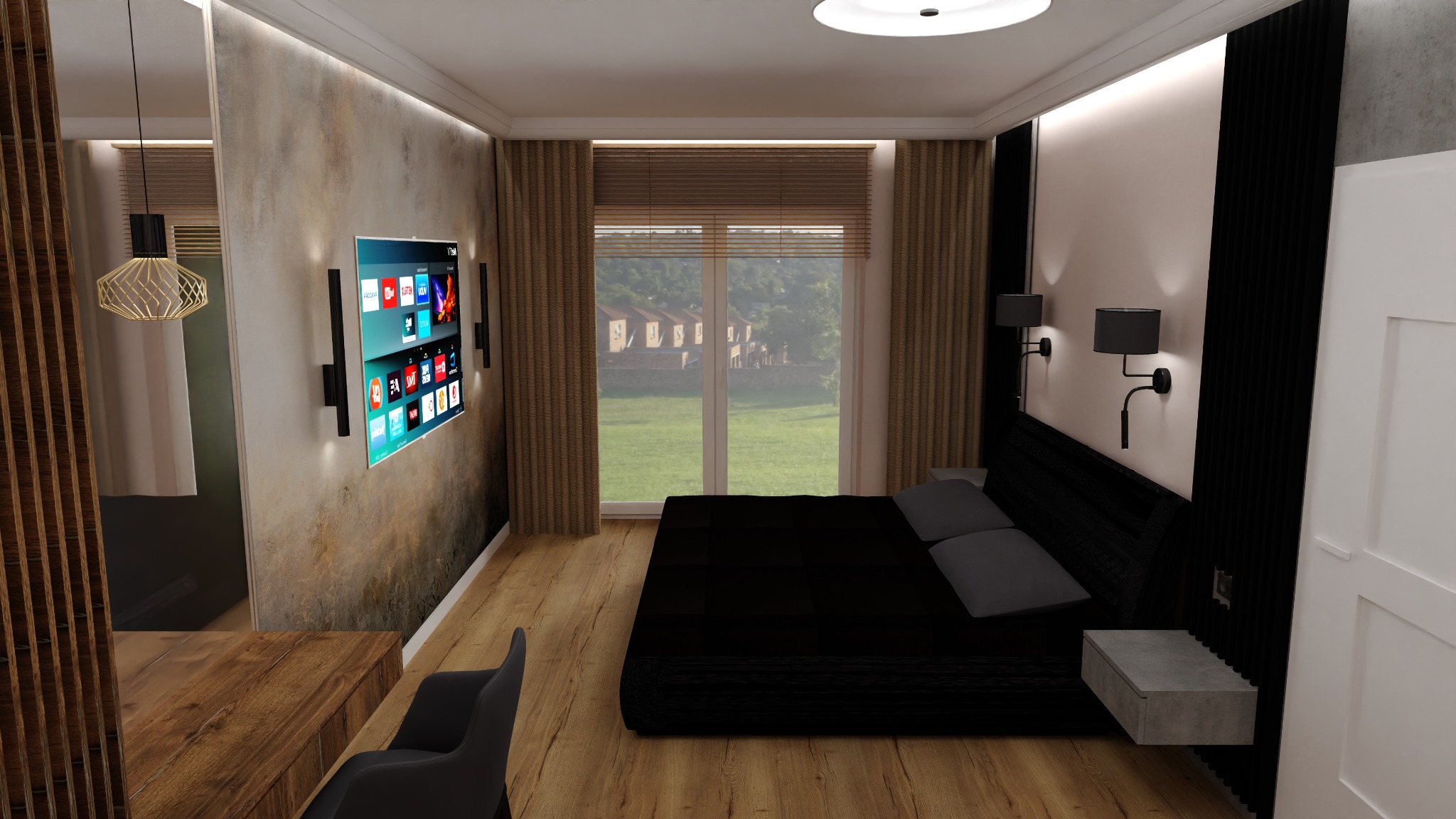 Nowoczesna sypialnia z czarnym łóżkiem, telewizorem na ścianie z efektem rdzy, drewnianą podłogą i widokiem na ogród przez duże okno.