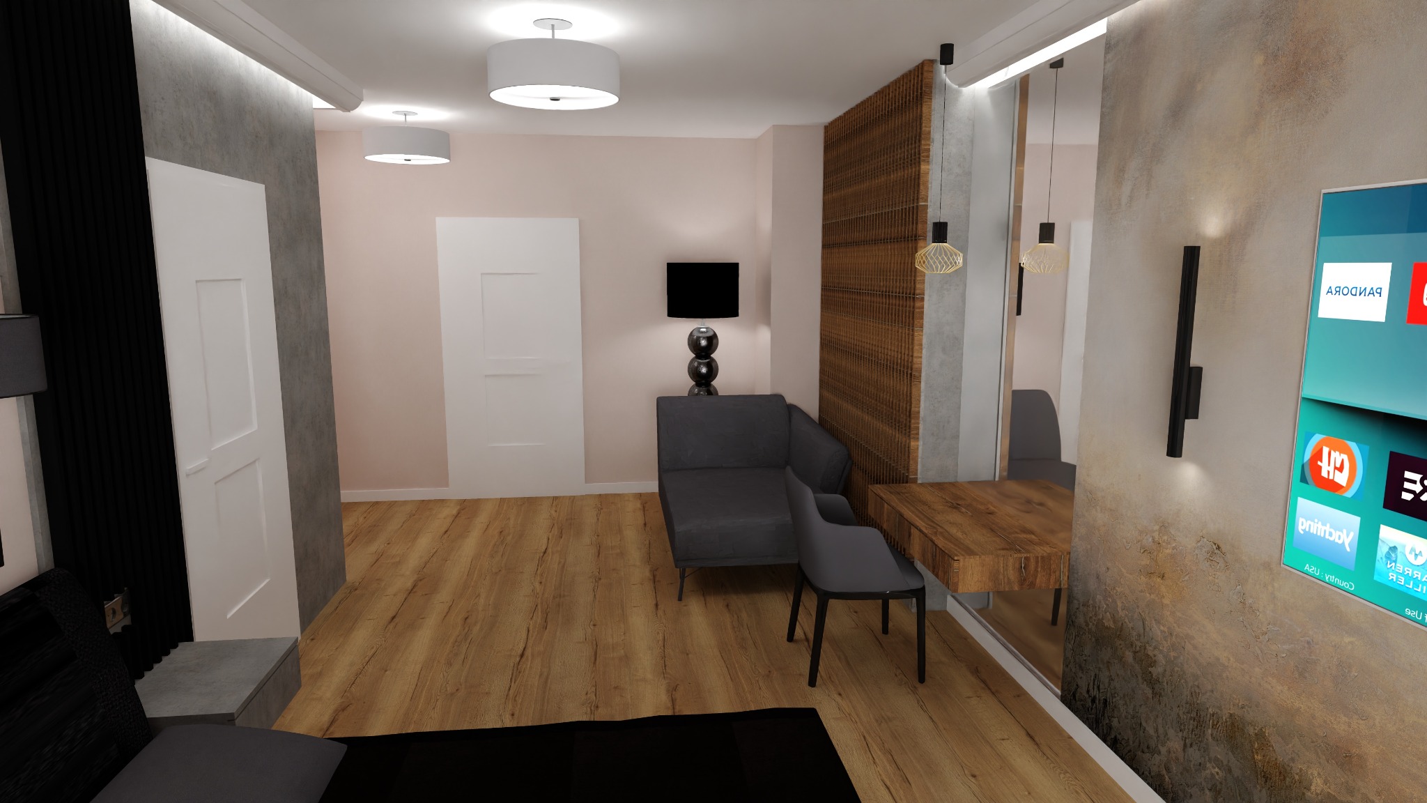 Wizualizacja sypialni z drewnianą podłogą, szarą sofą i krzesłem, biurkiem z drewna oraz telewizorem na ścianie z efektem betonu.