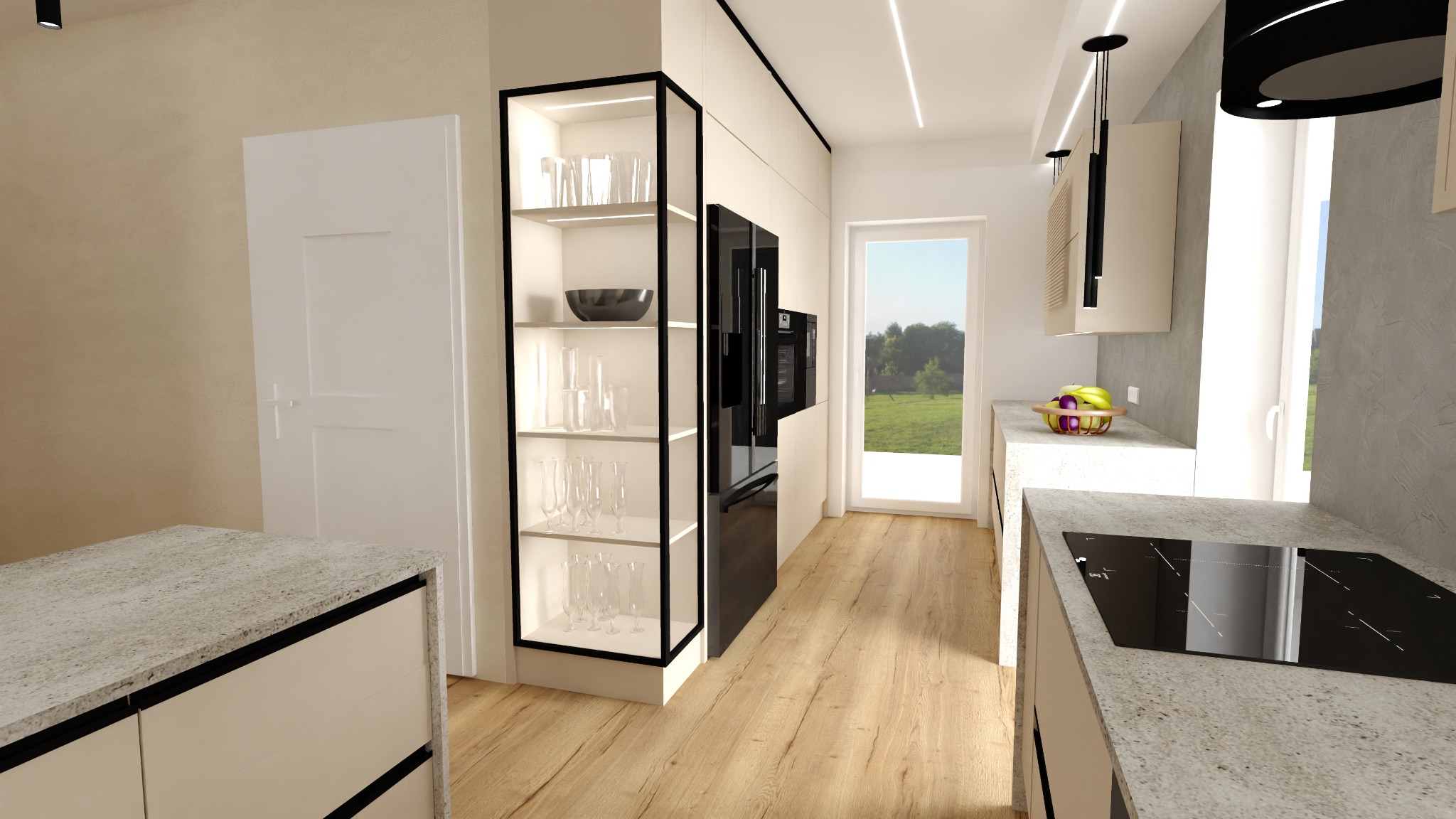 Wizualizacja nowoczesnej kuchni z drewnianą podłogą, białą zabudową, czarną lodówką i szklanymi naczyniami w witrynie z czarną ramą, widok na ogród przez okno.
