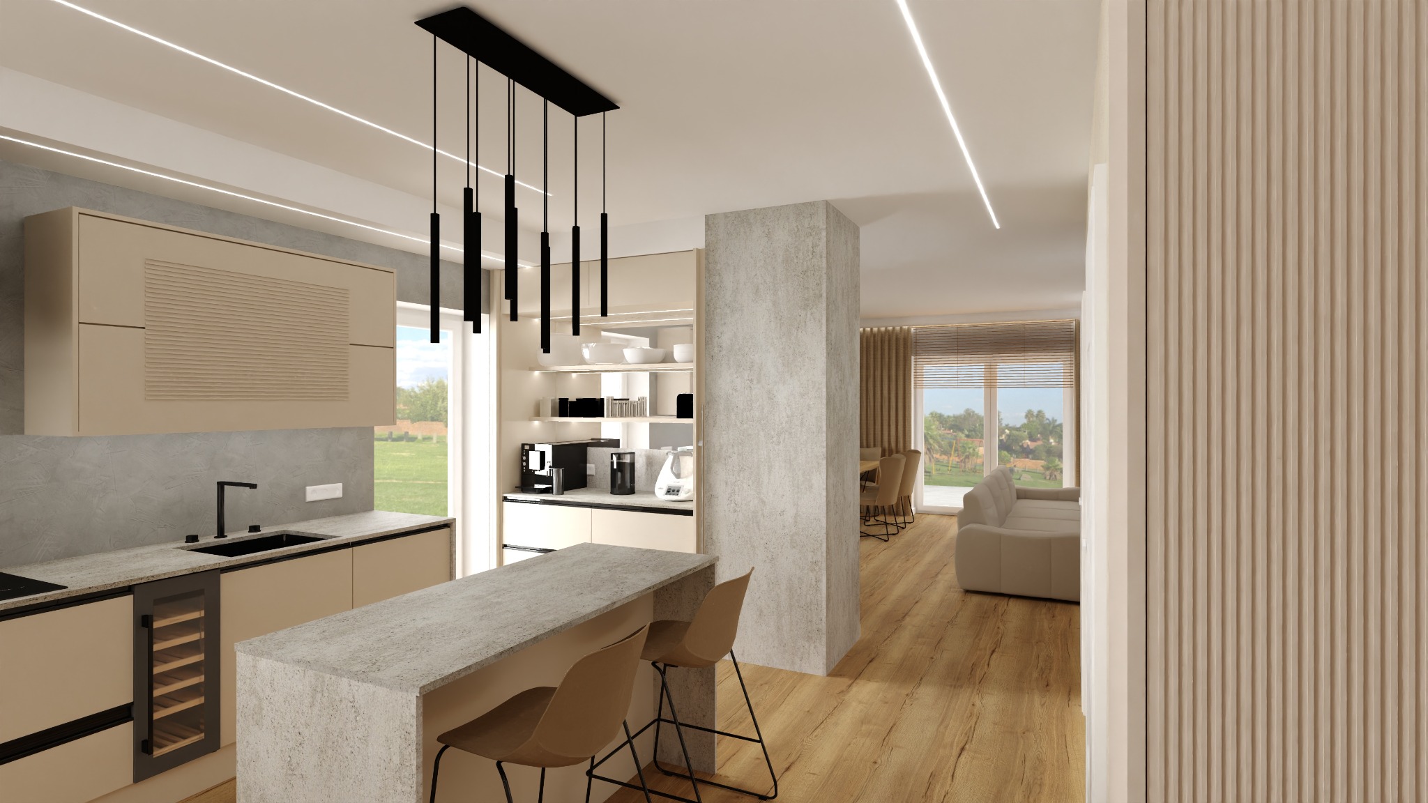Wizualizacja otwartej kuchni z wyspą i salonem w jasnych kolorach, z wiszącymi lampami nad wyspą, drewnianą podłogą i dużym oknem w salonie.