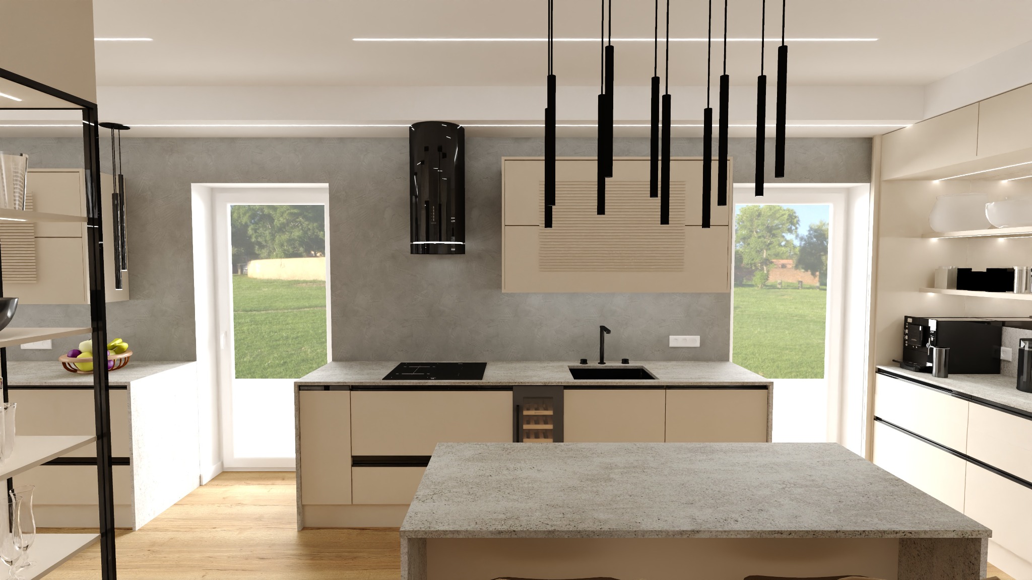 Nowoczesna kuchnia z wyspą, beżowe szafki z czarnymi akcentami, czarny okap nad płytą indukcyjną, minimalistyczne wiszące lampy, widok na zieleń przez okno.