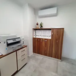 Wnętrze biura z szafą na dokumenty, drukarką Brother i klimatyzatorem, uzupełnione figurką i rośliną doniczkową na górze szafy.