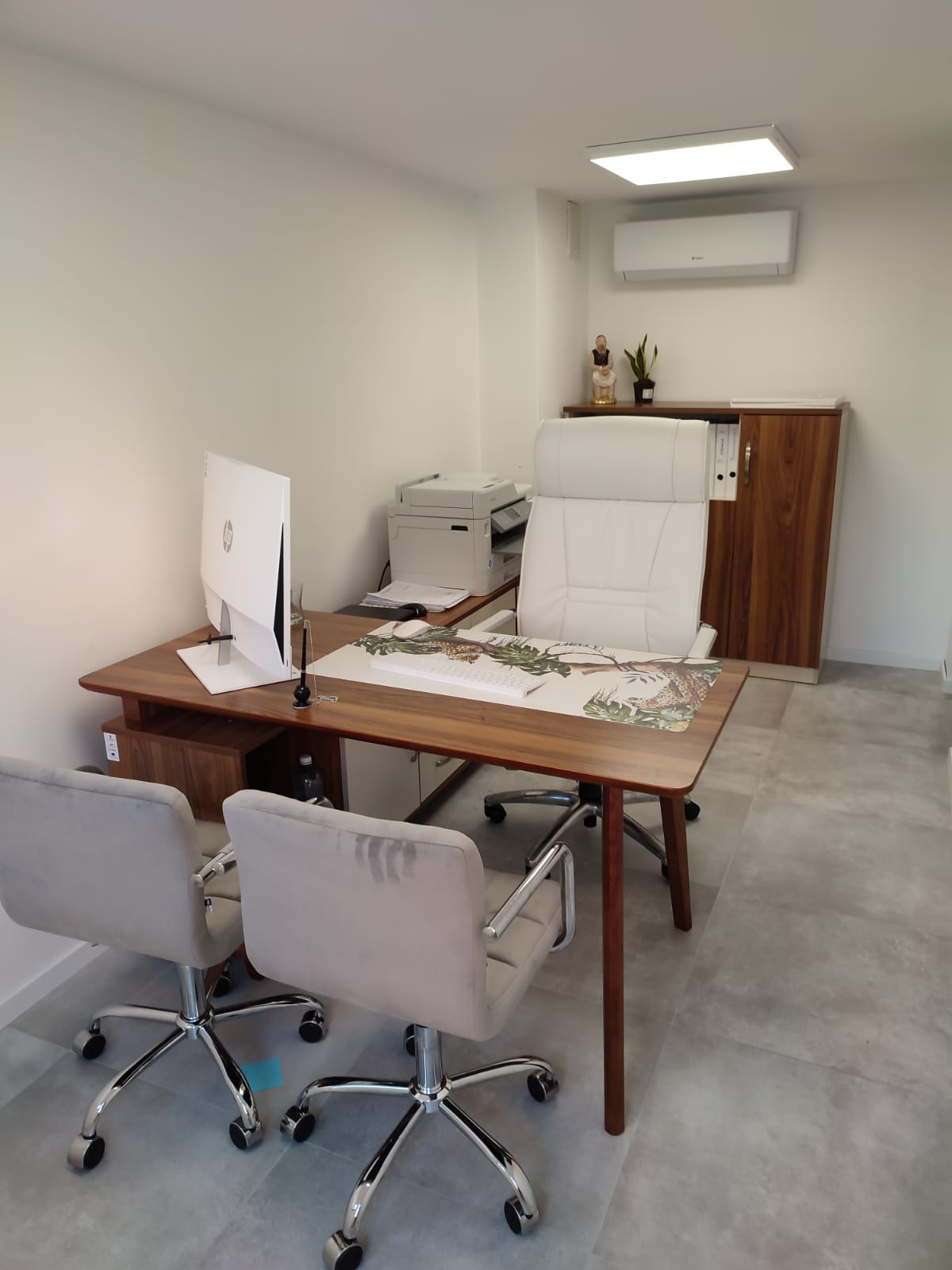 Jasne biuro z drewnianym biurkiem, białym krzesłem biurowym, dwoma szarymi krzesłami dla klientów, białym monitorem, drukarką oraz szafką z dokumentami w tle.