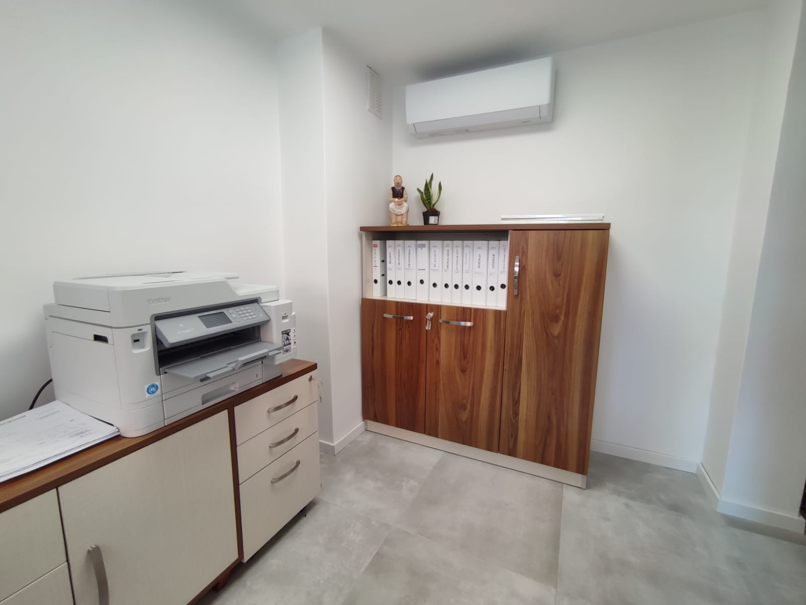 Wnętrze biura z szafą na dokumenty, drukarką Brother i klimatyzatorem, uzupełnione figurką i rośliną doniczkową na górze szafy.