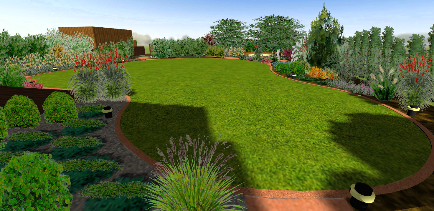 Duży trawnik otoczony kolorowymi rabatami roślinnymi - wizualizacja projektu